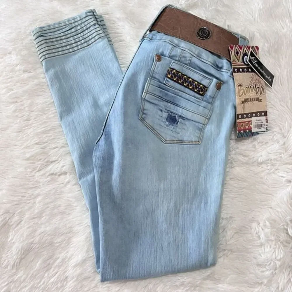 Bambu Women's Jeans‎ Stretch Skinny Destroyed Denim with Belt - 9 US 14 Colombia